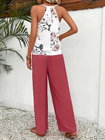 Kadın Ip Askılı V Yakalı Süprem Bluz Ve Aerobin Pantolon Ikili Takım