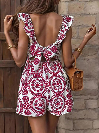 Kadın Askılı Kare Yakalı Arkadan Bağcıklı Desenli Keten Tulum