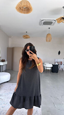 Kadın Bisiklet Yaka Eteği Volanlı Bürümcük Elbise