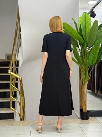 Kadın Kısa Kollu V Yakalı Cep Detaylı Uzun Janjan Krep Elbise