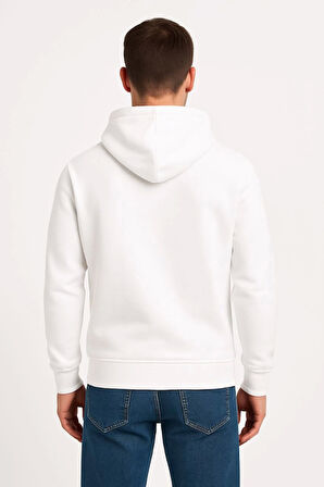 Erkek Üç İplik Kapüşonlu Kanguru Cepli SweatShirt Hoodie - Beyaz