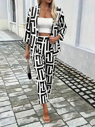 Kadın Uzun Kollu önü Açık Desenli Iki Iplik Ceket Ve Pantolon Ikili Takım