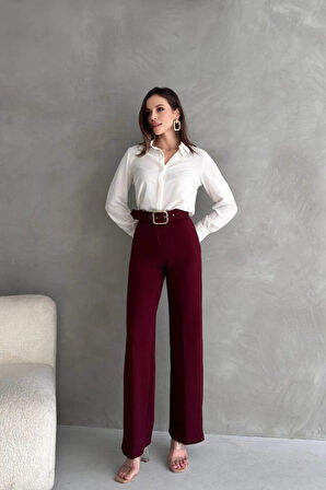 Kadın Yüksek Bel Krep Kumaş Full Likralı Ispanyol Paça Kemer Dahil Pantolon