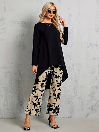 Kadın Uzun Kollu Bisiklet Yaka Asimetrik Kesim Detaylı Viskon Bluz Ve çiçek Desenli Iki Iplik Pantolon