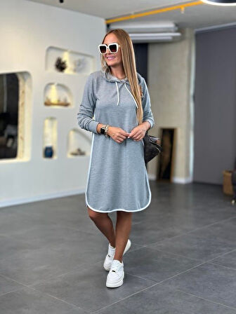 Kadın Uzun Kollu Kapüşon Ve Ribana Detay Diz üstü Elbise