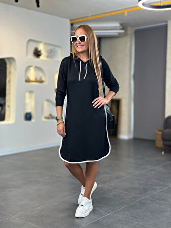 Kadın Uzun Kollu Kapüşon Ve Ribana Detay Diz üstü Elbise