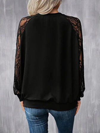 Kadın Uzun Dantel Kollu Bisiklet Yaka Viskon Bluz
