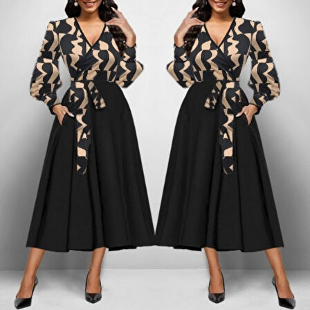 Kadın Uzun Kollu Kruvaze Yaka Dalgıç Krep Midi Boy Elbise