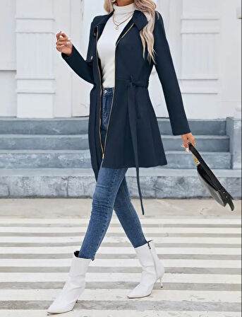 Kadın Uzun Kollu Boyundan Düğmeli Fermuarlı Beli Kuşaklı Süet Ceket