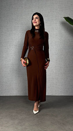 Kadın Balıkçı Yaka Toka Detay Sandy Kumaş Midi Boy Elbise