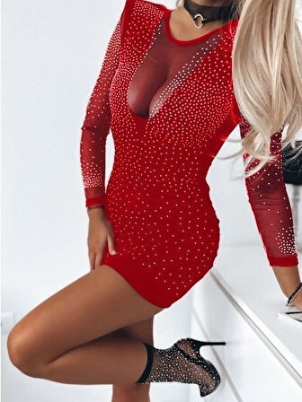 Kadın Uzun Kollu Yuvarlak Yaka Dekolteli Taşlı Dalgıç Elbise