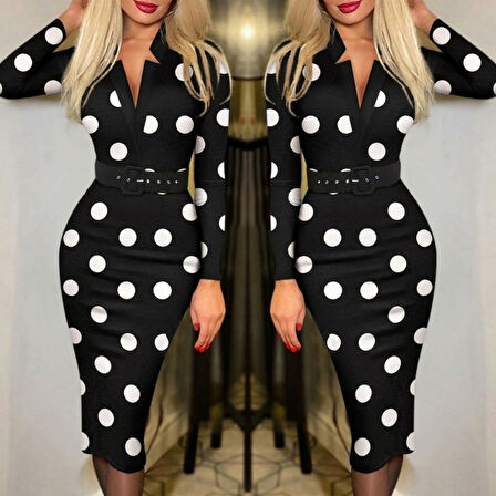 Kadın Uzun Kollu V Yaka Puantiyeli Krep Midi Boy Elbise