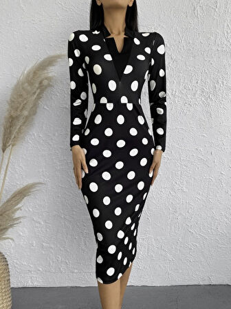 Kadın Uzun Kollu V Yaka Puantiyeli Krep Midi Boy Elbise