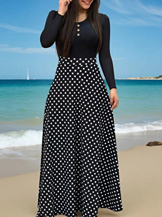 Kadın Uzun Kollu önü Düğmeli Viskon Bluz Eteği örme Maxi Krep Elbise