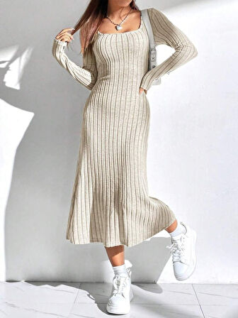 Kadın Uzun Kollu Kare Yaka Midi Kaşkorse Elbise