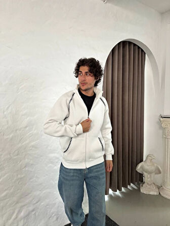 Erkek Oversize Dik Yaka Fermuarlı Sweatshirt - Zincir Nakışli Kanguru Cepli - Beyaz