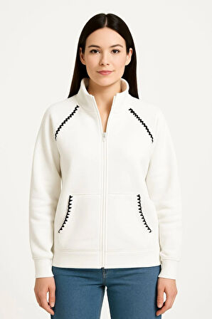 Oversize Dik Yaka Fermuarlı Sweatshirt - Zincir Nakışli Kanguru Cepli, - Beyaz