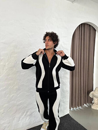 Erkek Premium Parçalı Eşofman Takım - Dik Yaka Fermuarlı Sweatshirt, - Siyah