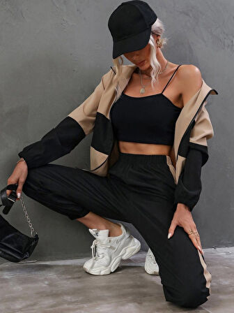 Kadın Uzun Kollu Kapşonlu önden Fermuarlı Viskon Iki Iplik Bluz Ve Pantolon Ikili Takım