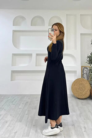 Kadın Uzun Kollu Bisiklet Yaka Size Kadar Yırtmaç Detay Maxi Boy Elbise