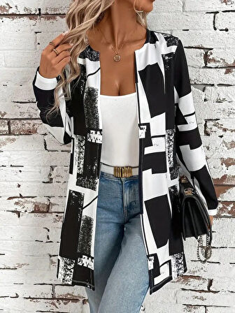 Kadın Uzun Kollu önü Açık Desenli Modal Kısa Ceket