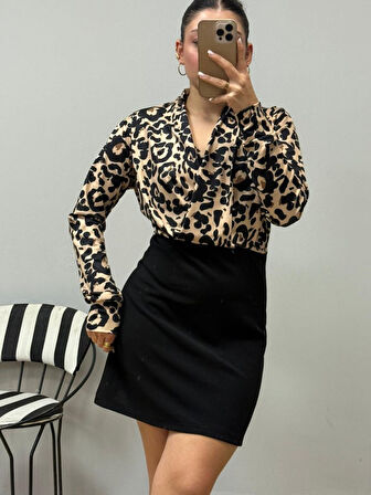 Kadın Uzun Kollu Kruvaze Yakalı üst Dalgıç Alt Ithal Krep Mini Elbise