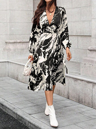 Kadın Uzun Kollu Kruvaze Yakalı Yandan Bağlamalı Desenli Mini Modal Elbise