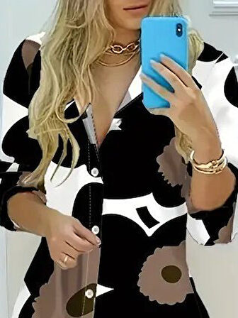 Kadın Yakalı önden Düğmeli çiçek Desenli Uzun Süprem Elbise