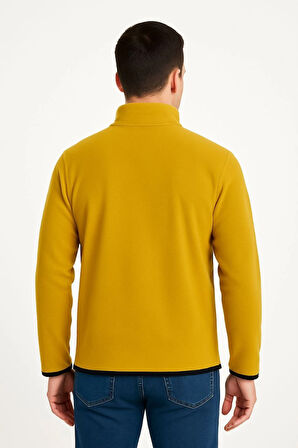 Erkek Polar Kazak – Dik Yaka, Yarım Fermuarlı, Fermuarlı Göğüs Cepli, Siyah Biyeli, Kışlık Rahat Regular Fit Günlük Model - Sarı