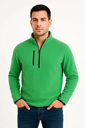 Erkek Polar Kazak – Dik Yaka, Yarım Fermuarlı, Fermuarlı Göğüs Cepli, Siyah Biyeli, Kışlık Rahat Regular Fit Günlük Model - Yeşil