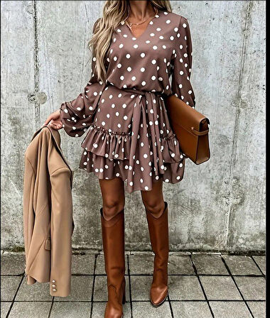 Kadın Uzun Kollu V Yakalı Belden Kuşaklı Puantiyeli Mini Modal Elbise