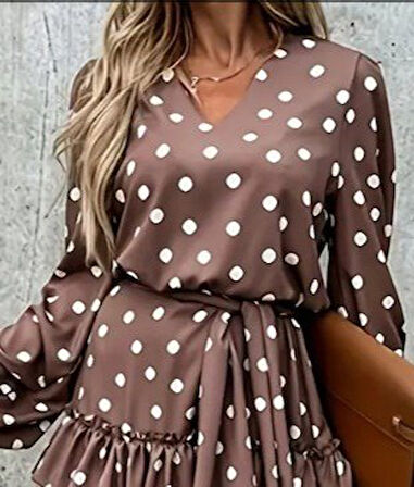 Kadın Uzun Kollu V Yakalı Belden Kuşaklı Puantiyeli Mini Modal Elbise
