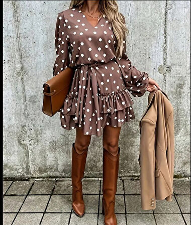 Kadın Uzun Kollu V Yakalı Belden Kuşaklı Puantiyeli Mini Modal Elbise