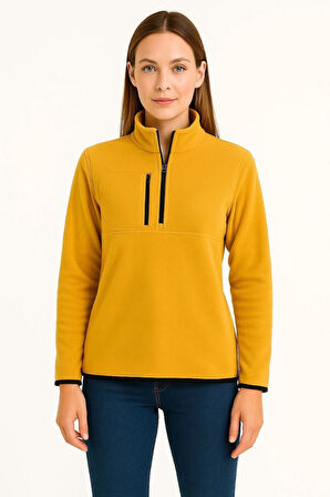 Polar Kazak – Dik Yaka, Yarım Fermuarlı, Fermuarlı Göğüs Cepli, Siyah Biyeli, Kışlık Rahat Regular Fit Günlük Model - Sarı