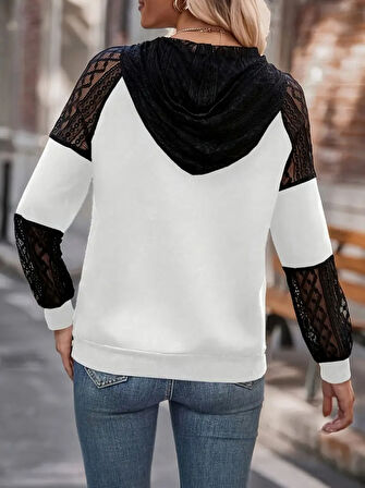 Kadın Uzun Kollu Dantelli Kapşonlu Viskon Iki Iplik Bluz