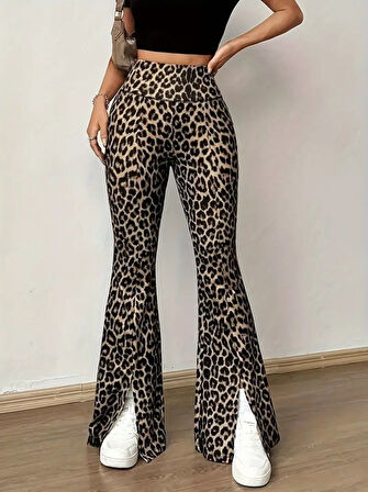Kadın Yüksek Bel Leopar Desenli Yırtmaçlı Dalgıç Tayt