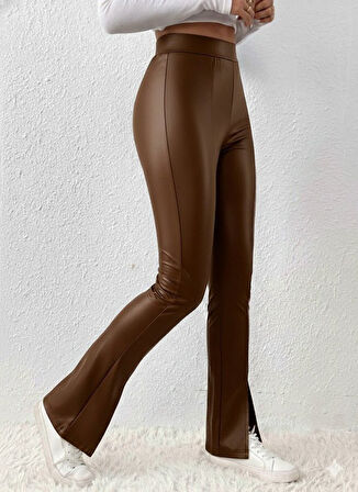 Kadın Yüksek Bel önden Yırtmaçlı Deri Tayt