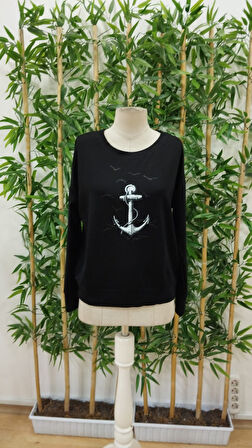 Kadın Uzun Kollu Bisiklet Yaka Desenli Viskon Iki Iplik Bluz