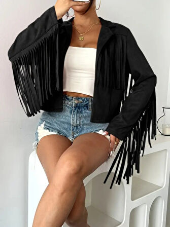 Kadın Uzun Kollu Yakalı Kısa Püsküllü Süet Ceket