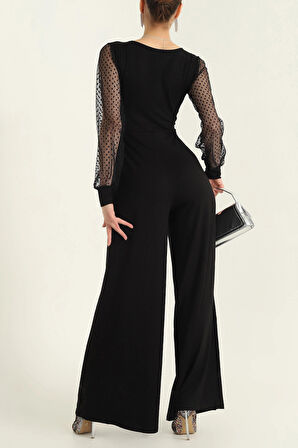 Kadın Derin V Yaka Kolları Puantiyeli Tül Detay Ispanyol Paça Tulum