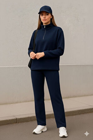 Kadın Balıkçı Yaka Fermuar Detay Polar Sweat Ve Pantolon Ikili Takım