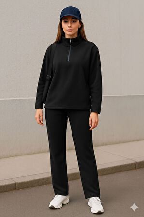 Kadın Balıkçı Yaka Fermuar Detay Polar Sweat Ve Pantolon Ikili Takım