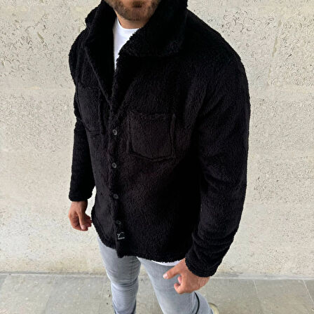 Erkek Pelüş Polar Hırka Gömlek – Yakalı, İlik Düğmeli, Göğüs Cepli, Yumuşak Dokulu Kışlık Regular Fit Rahat Günlük Model - Siyah