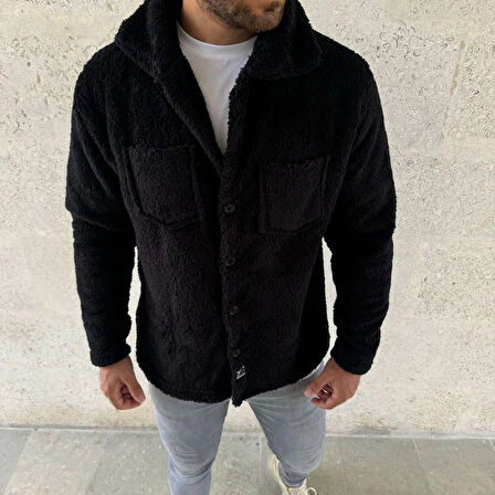 Erkek Pelüş Polar Hırka Gömlek – Yakalı, İlik Düğmeli, Göğüs Cepli, Yumuşak Dokulu Kışlık Regular Fit Rahat Günlük Model - Siyah
