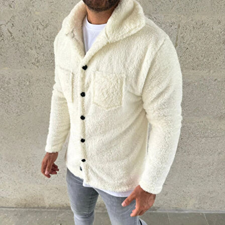 Erkek Pelüş Polar Hırka Gömlek – Yakalı, İlik Düğmeli, Göğüs Cepli, Yumuşak Dokulu Kışlık Regular Fit Rahat Günlük Model - Beyaz
