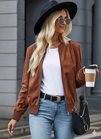 Kadın Uzun Kollu önden Fermuarlı Süet Ceket