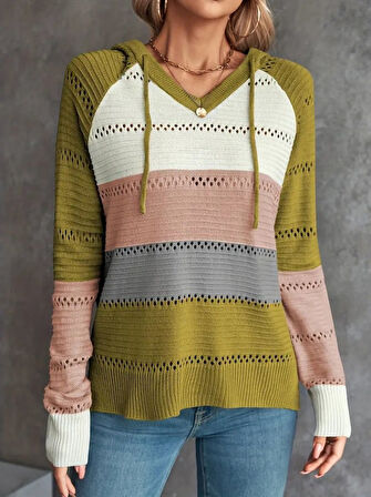 Kadın Uzun Kollu V Yakalı Bağcıklı Kapşonlu Triko Bluz