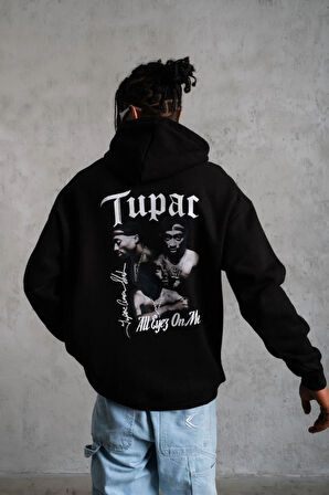 Erkek Oversize Üç İplik Kapüşonlu Sweat – Siyah Kol Ve Etek Ribana Detaylı, Ön Ve Sırt Baskılı, Kanguru Cepli Rahat Kalıp Model