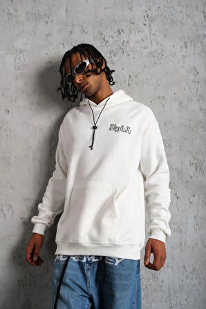 Erkek Oversize Üç İplik Kapüşonlu Sweat – Kol Ve Etek Ribana Detaylı, Ön Ve Sırt Baskılı, Kanguru Cepli Rahat Kalıp Model - Beyaz