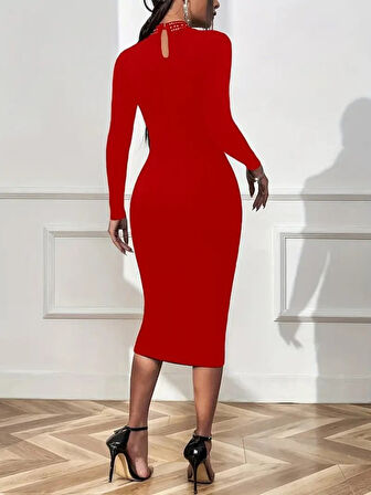 Kadın Uzun Kollu Balıkçı Yaka Taşlı Damla Detay Midi Ithal Krep Elbise